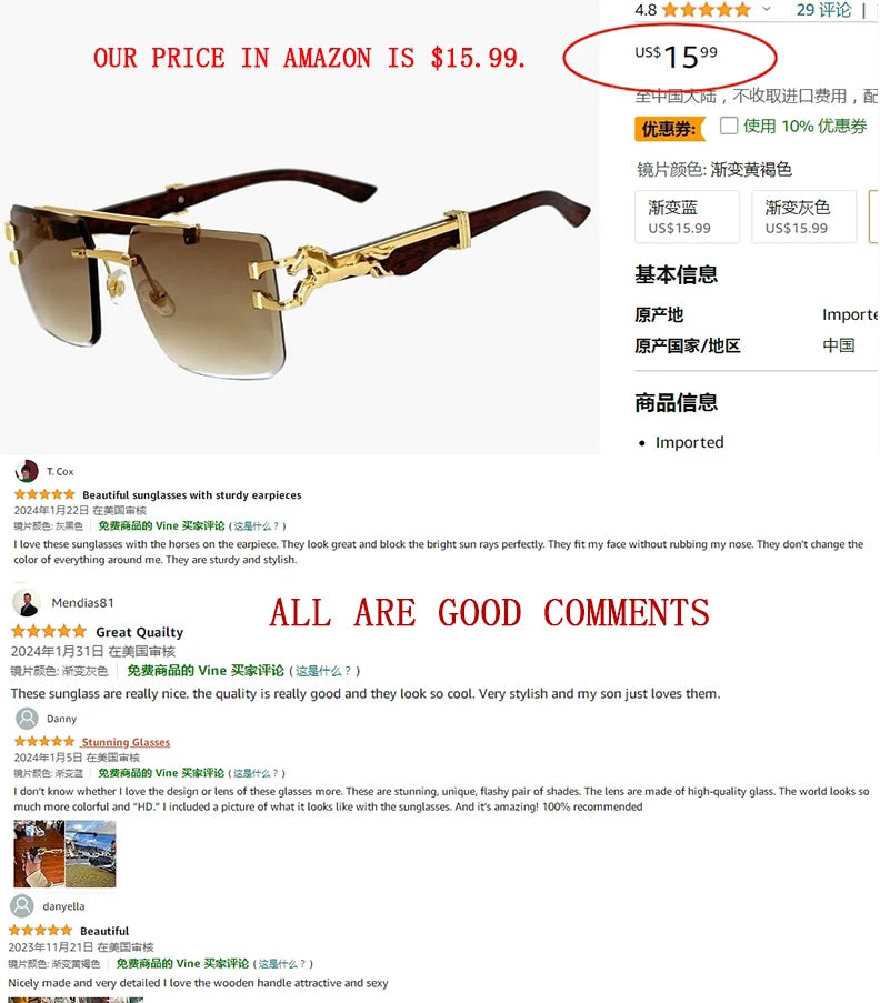 2024 Square Sunglasses For Men New Luxury Vintage Designer Rimless Sunglasses Women Trendy Fashion Glasses Gafas De Sol Hombre